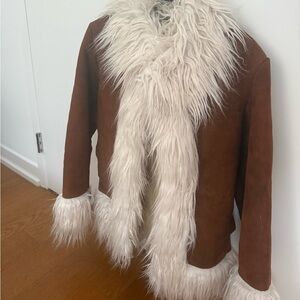 Brown and White Fur Women's Leather Jacket